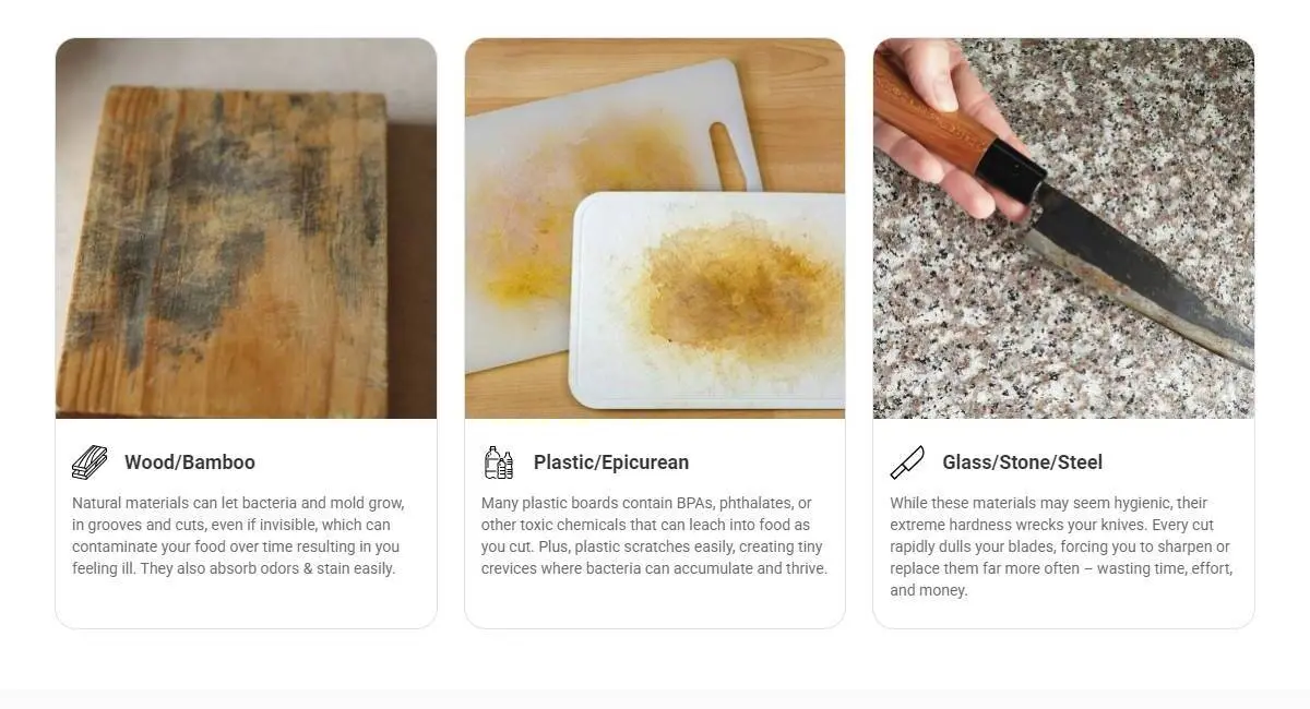 Seller-supplied visual examples of worn wood, stained plastic and hard stone-style cutting surfaces