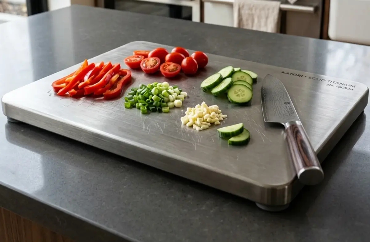 Editorial visualization of a titanium cutting surface with prepared vegetables