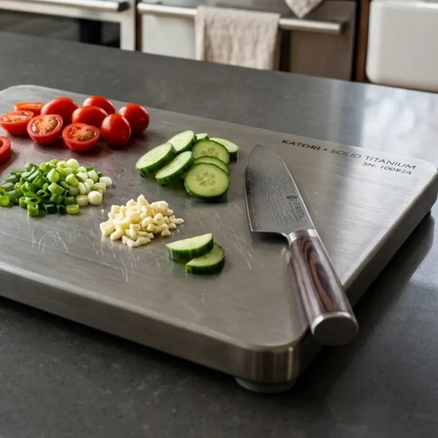 Editorial close-up of food preparation on a titanium-style surface